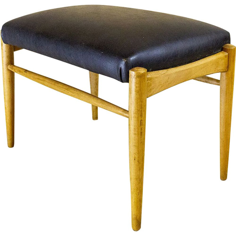 Mid Century Wood And Leather Footstool, Spain 1950s