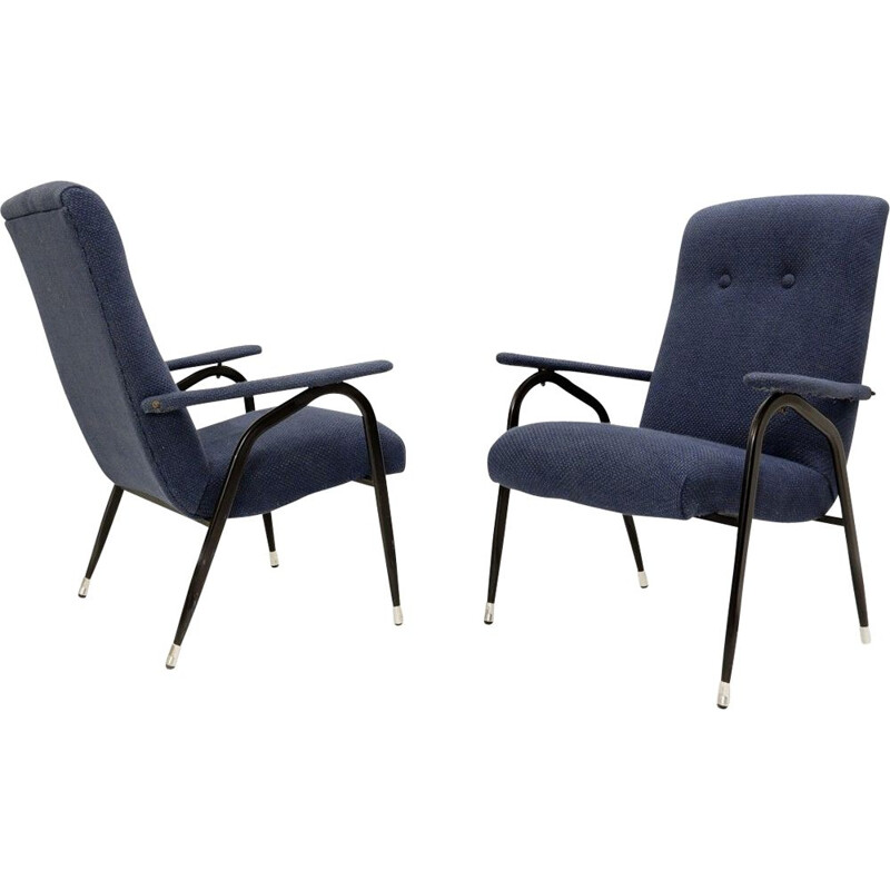 Ein Paar Vintage-Sessel aus schwarzem Metall mit blauem Bezug, Italien