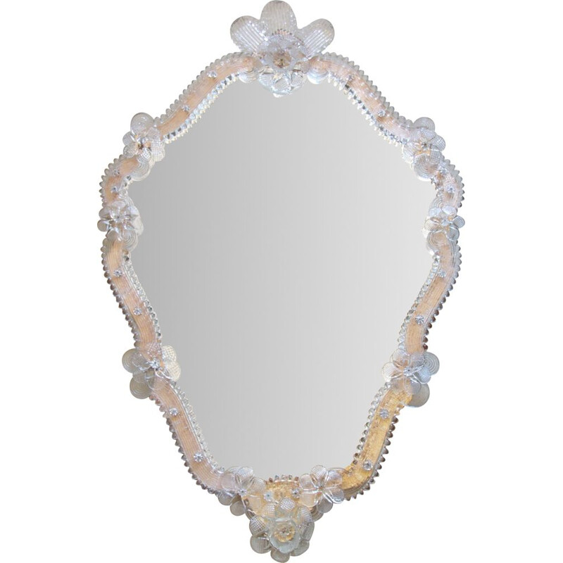 Large vintage Fiorellino Murano Wall Mirror with Roses, Italy 1940s
