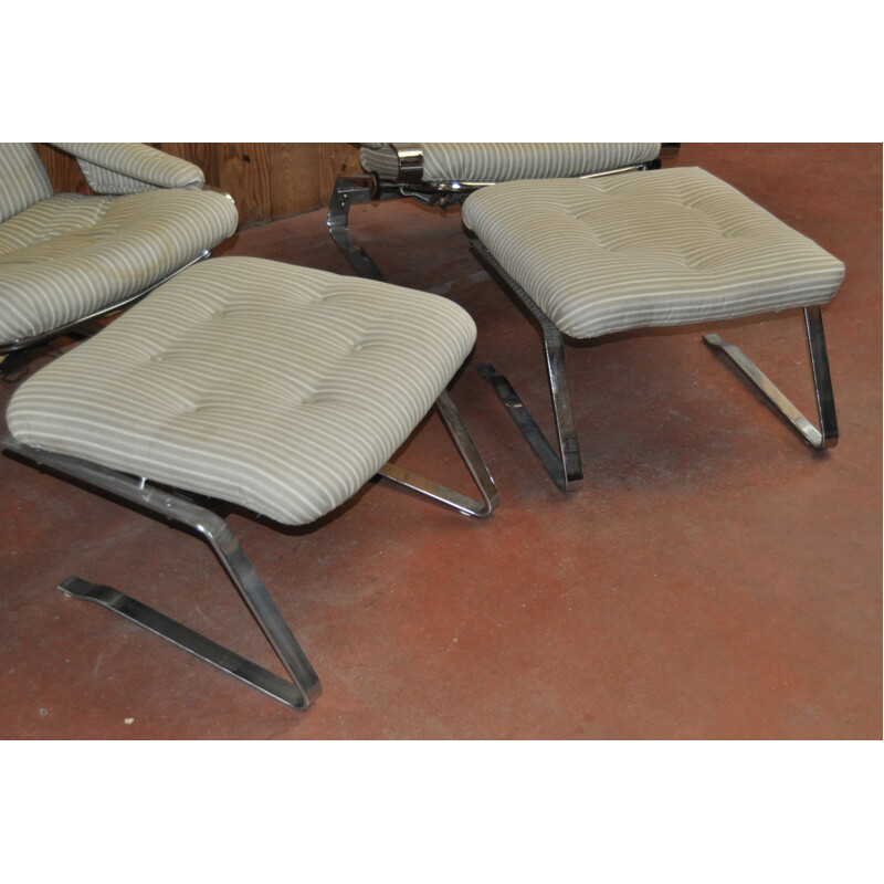 Pair of armchairs in chromed steel with footstools - 1970s