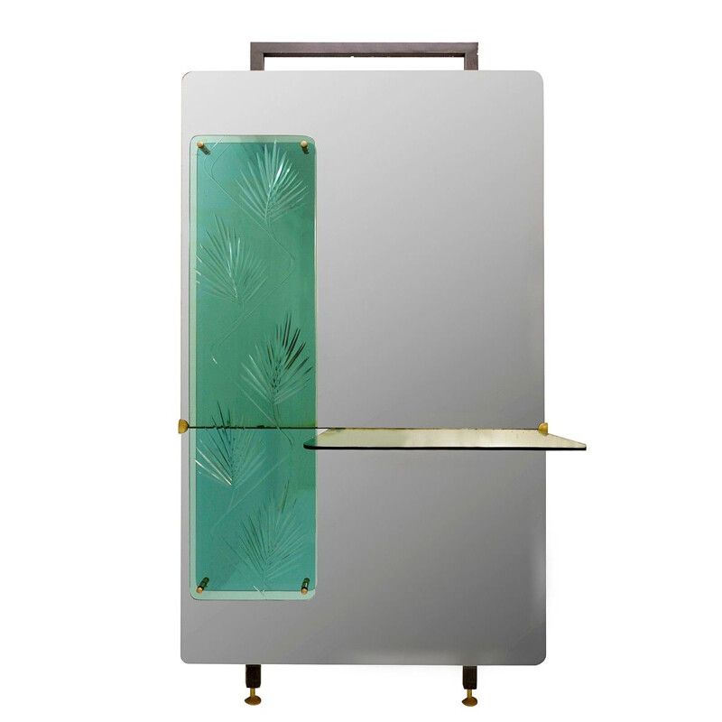 Miroir Console vintage Avec Panneau Décoratif En Cristal Gravé Végétal Vert Plateau Cristal Vert Italie
