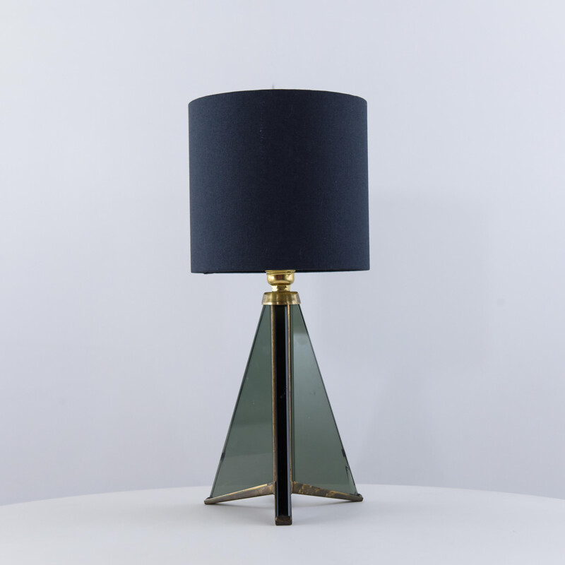 French table lamp in brass and dark blue fabric - 1970s