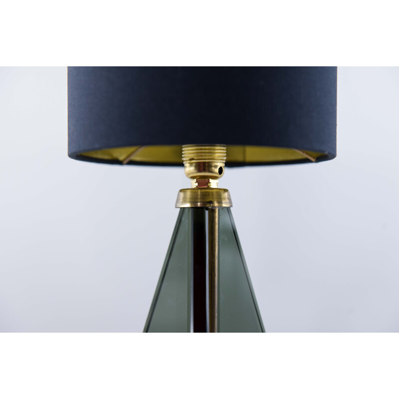 French table lamp in brass and dark blue fabric - 1970s