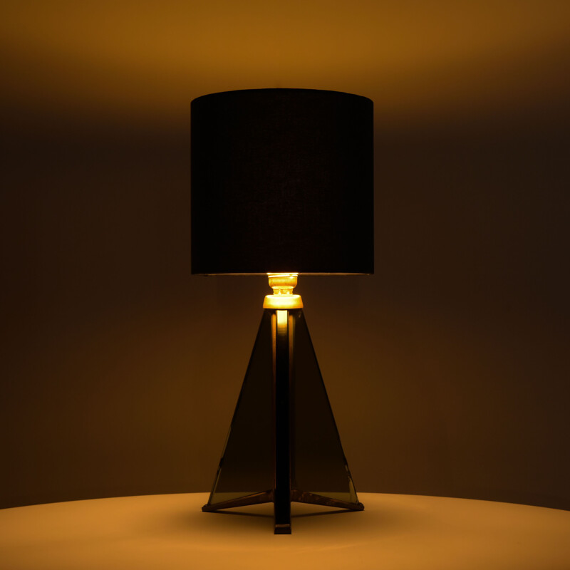 French table lamp in brass and dark blue fabric - 1970s