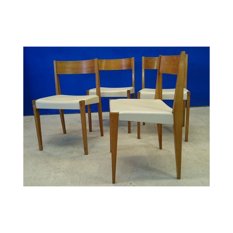 Ensemble de 4 chaises scandinaves en bois et simili cuir crème, Poul Cadovius - 1960