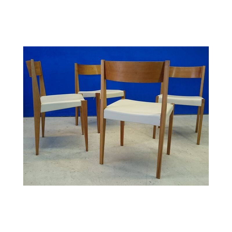 Set of 4 Scandinavian dining chairs in wood and cream leatherette, Poul CADOVIUS - 1960s