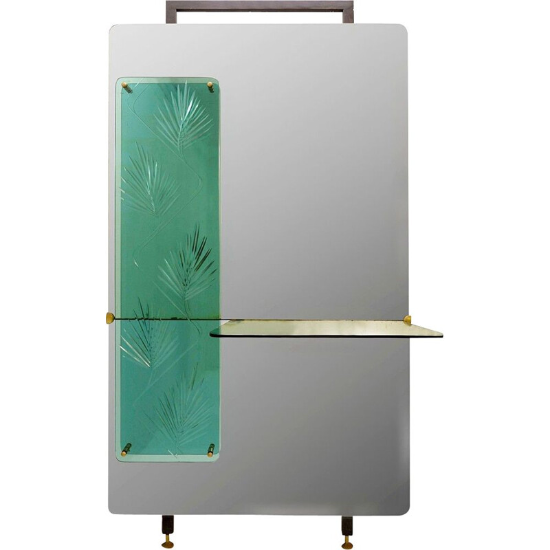 Miroir Console vintage Avec Panneau Décoratif En Cristal Gravé Végétal Vert Plateau Cristal Vert Italie