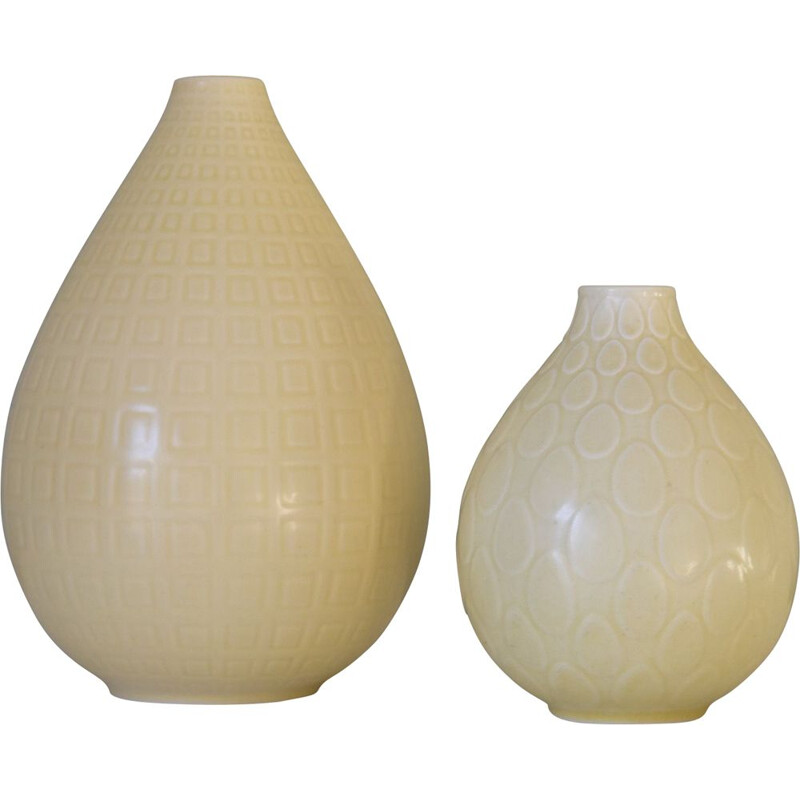 Pair of vintage light yellow earthenware vases Niels Thorsonn Aluminia Royal Copenhagen, 1950