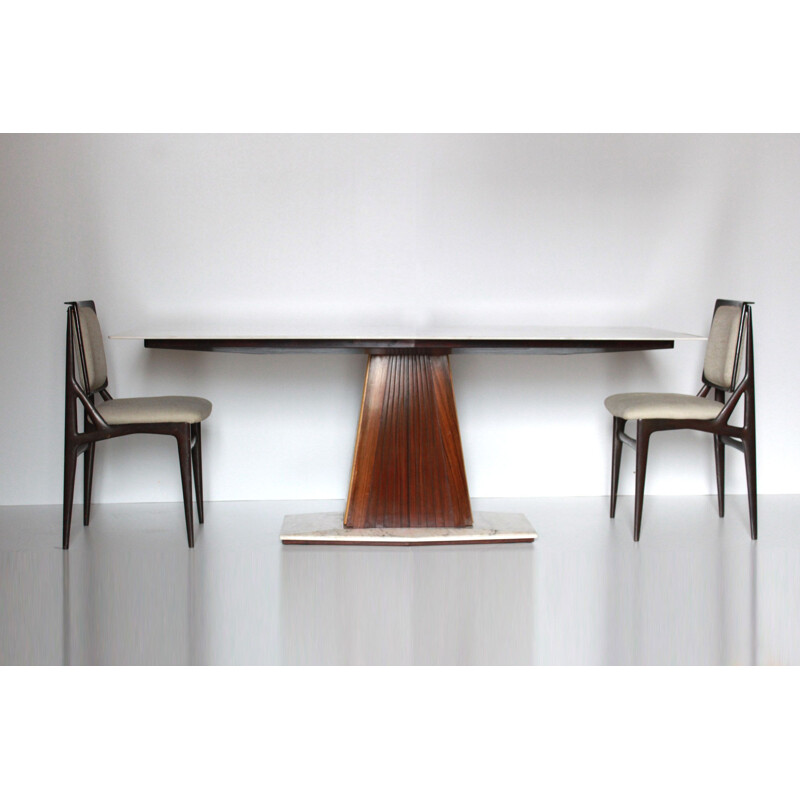 Table de salle à manger vintage avec plateau en marbre et six chaises par Dassi 1960s