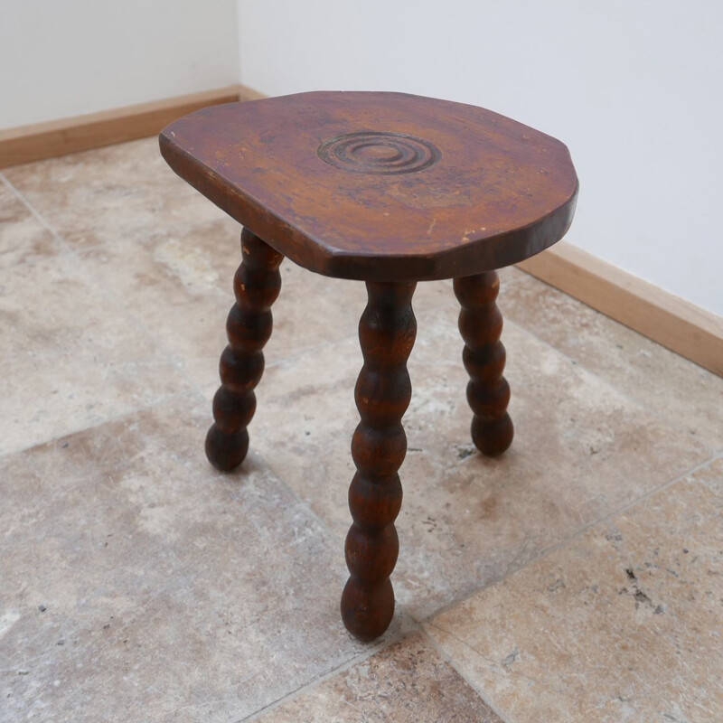 Vintage Low Wooden Bobbin Stool or Side Table, French 1950s