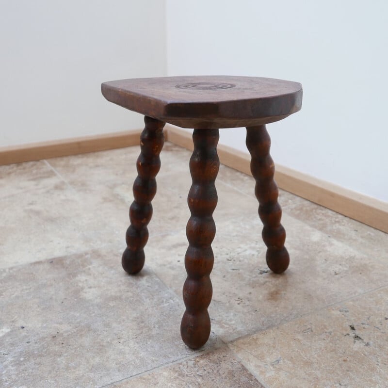 Vintage Low Wooden Bobbin Stool or Side Table, French 1950s