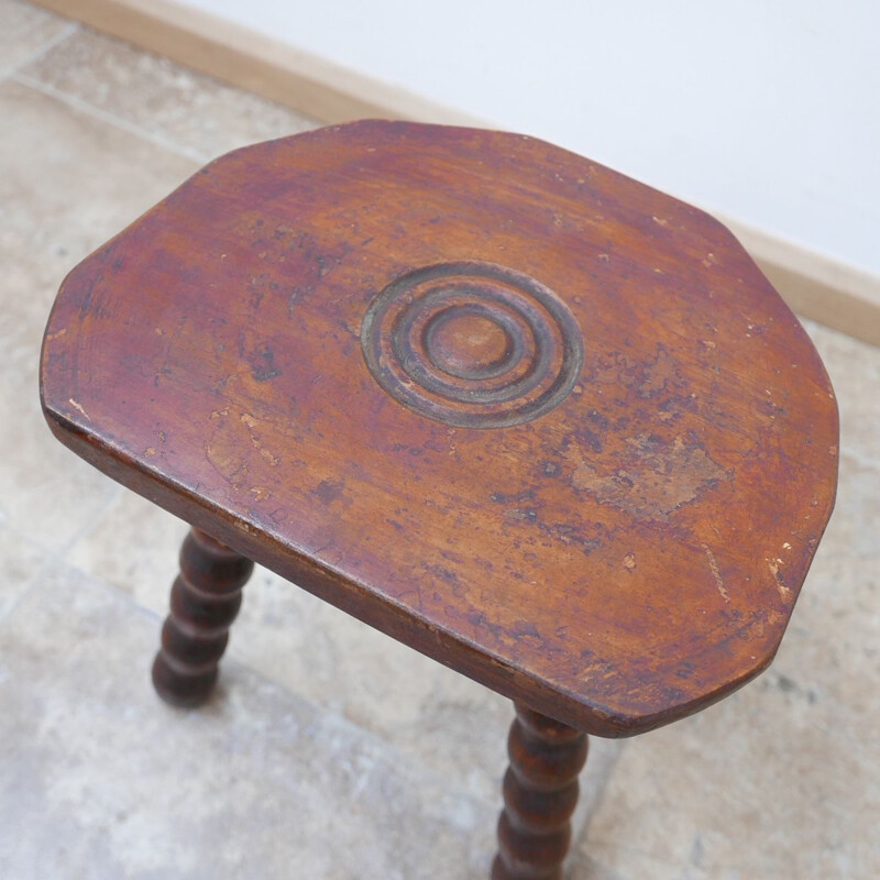 Vintage Low Wooden Bobbin Stool or Side Table, French 1950s