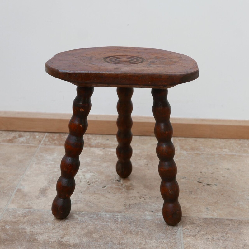 Vintage Low Wooden Bobbin Stool or Side Table, French 1950s