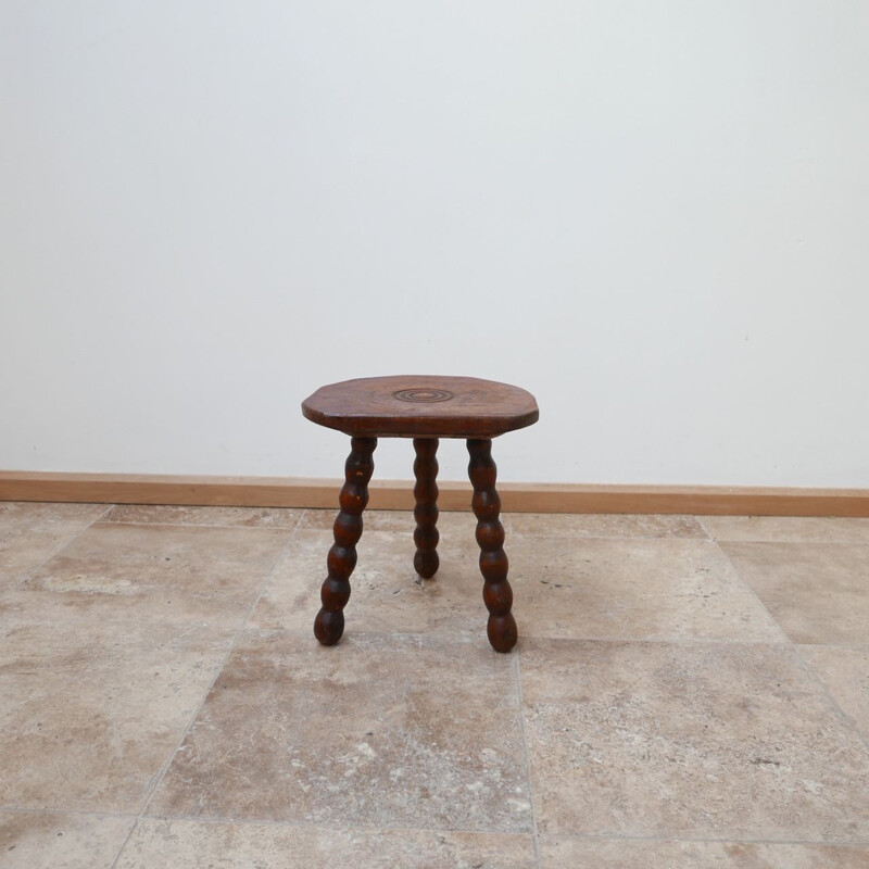 Vintage Low Wooden Bobbin Stool or Side Table, French 1950s