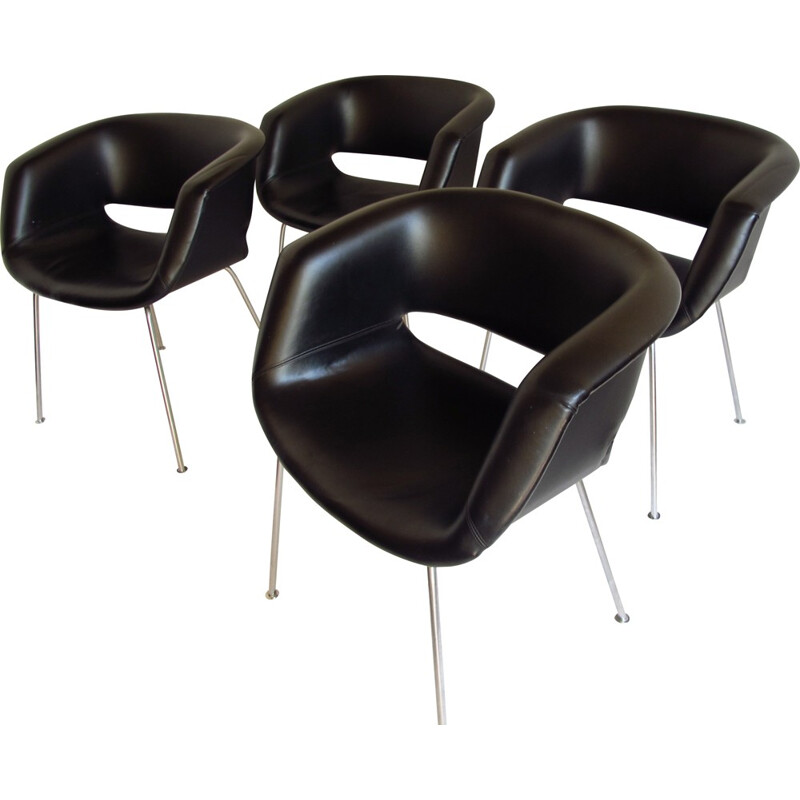 Set of 4 Artifort chairs in black leatherette, Geoffrey HARCOURT  - 1960s