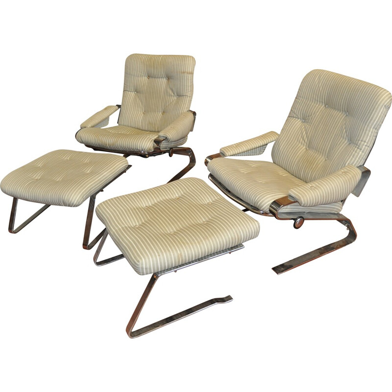 Pair of armchairs in chromed steel with footstools - 1970s