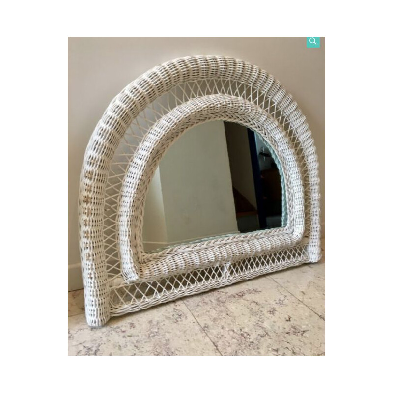 Vintage half moon white rattan mirror