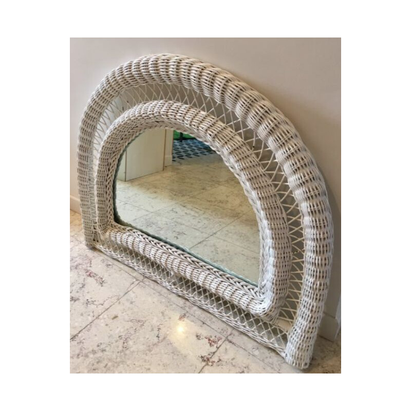 Vintage half moon white rattan mirror