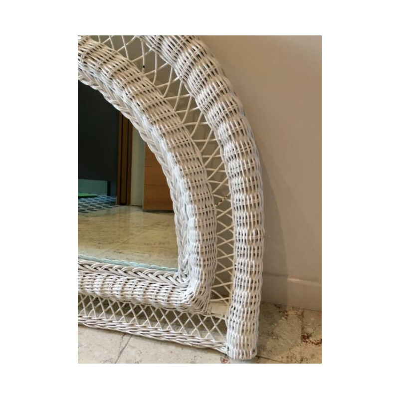 Vintage half moon white rattan mirror