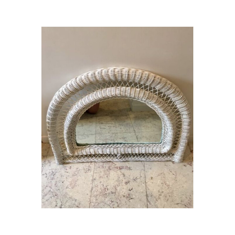 Vintage half moon white rattan mirror