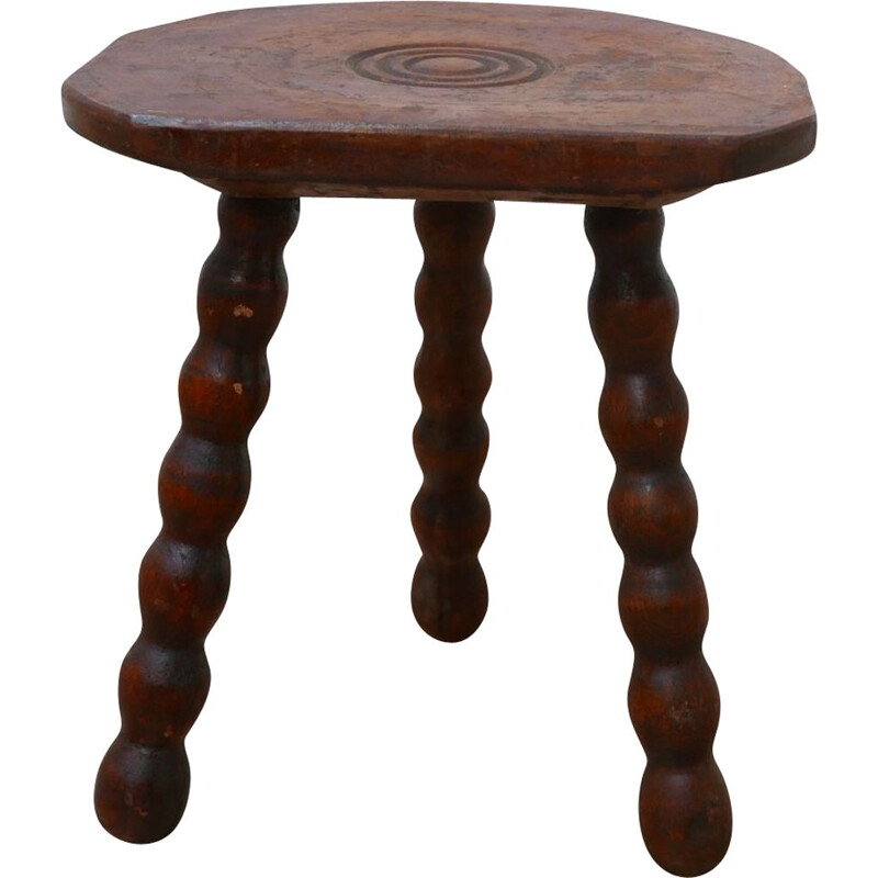 Vintage Low Wooden Bobbin Stool or Side Table, French 1950s