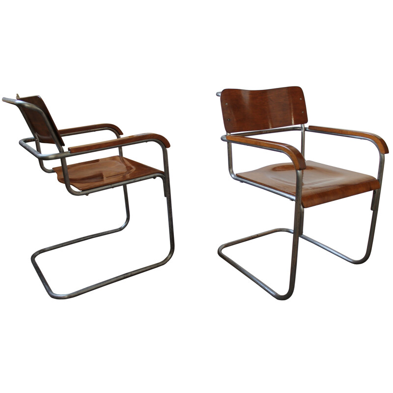 Pair of Thonet Mundus "B34" armchairs in chromed steel and plywood, Marcel BREUER - 1930s