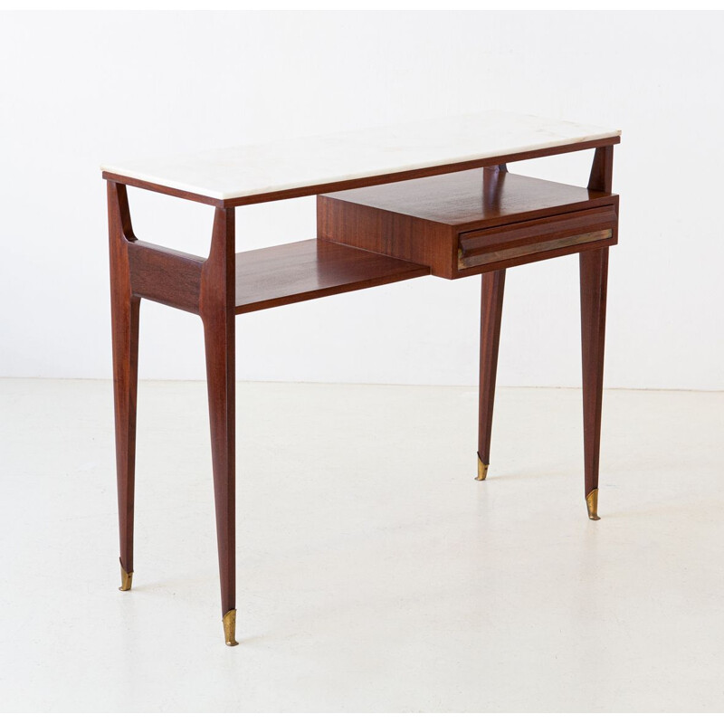 Vintage Mahogany Brass Console with Marble Top, Italy 1950s