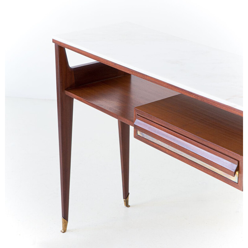 Vintage Mahogany Brass Console with Marble Top, Italy 1950s