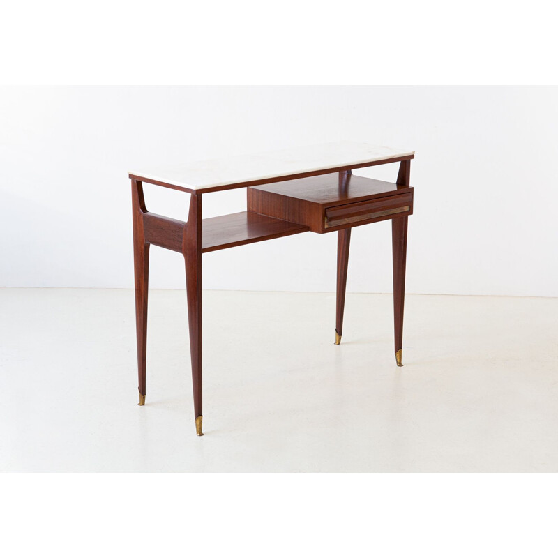 Vintage Mahogany Brass Console with Marble Top, Italy 1950s