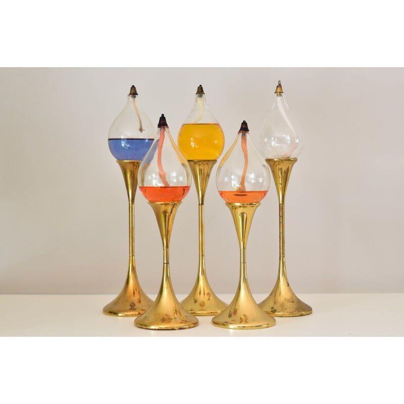 Set of 5 vintage brass Clear Drops oil lamps by Freddie Andersen, Denmark 1970