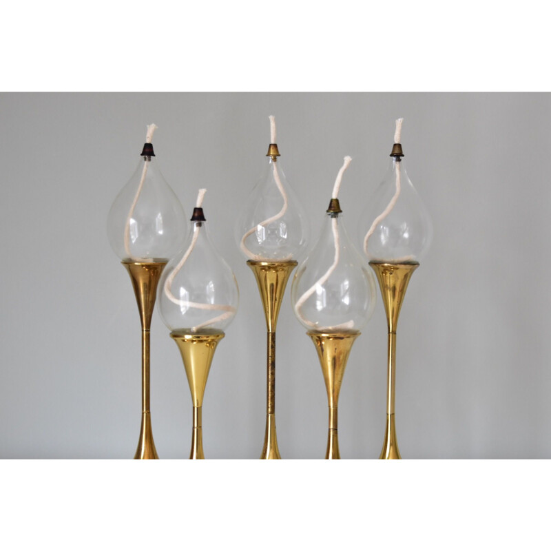Set di 5 lampade a olio vintage in ottone Clear Drops di Freddie Andersen, Danimarca 1970