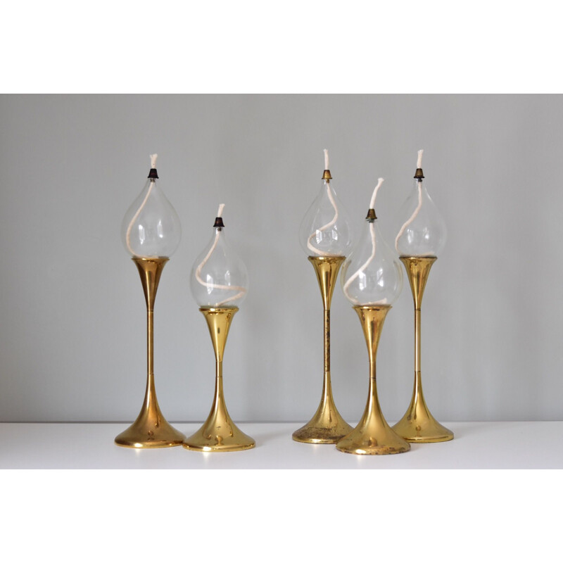 Set of 5 vintage brass Clear Drops oil lamps by Freddie Andersen, Denmark 1970