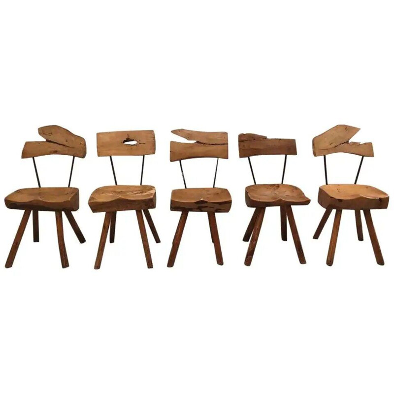Conjunto de 5 cadeiras de madeira de oliveira e de aço, 1960