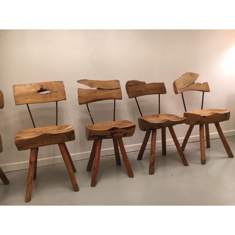 Ensemble de 5 chaises vintage en bois d’olivier et acier, 1960