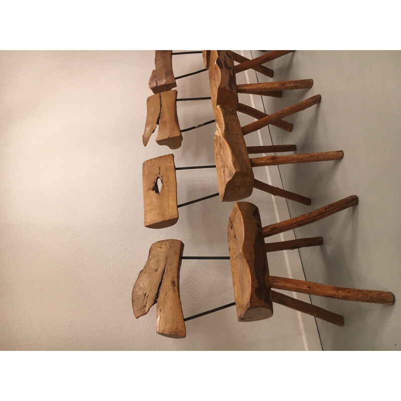 Set of 5 vintage olive wood and steel chairs, 1960