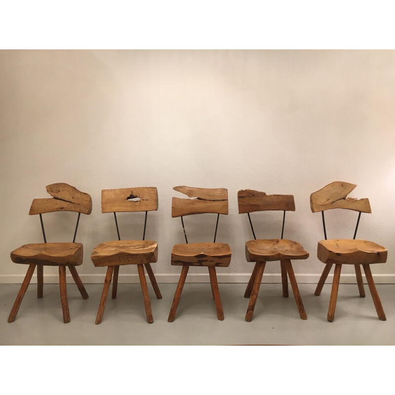 Set of 5 vintage olive wood and steel chairs, 1960