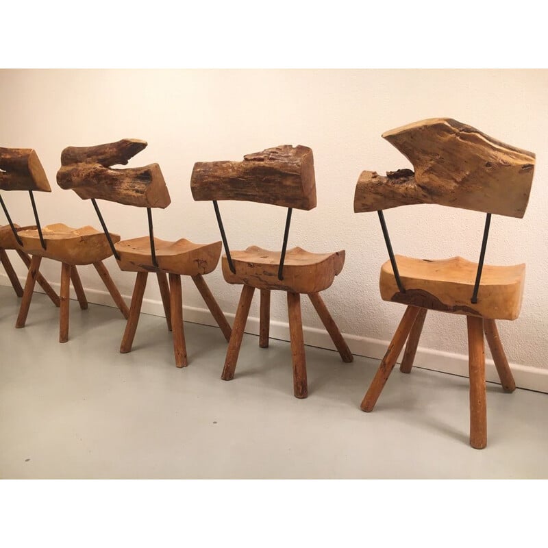 Set of 5 vintage olive wood and steel chairs, 1960