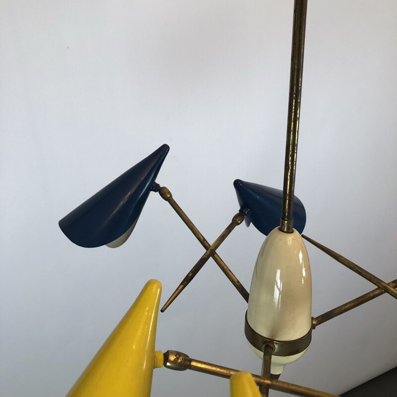 Midcentury Brass and Lacquered Metal Chandelier with Three Arms Italian