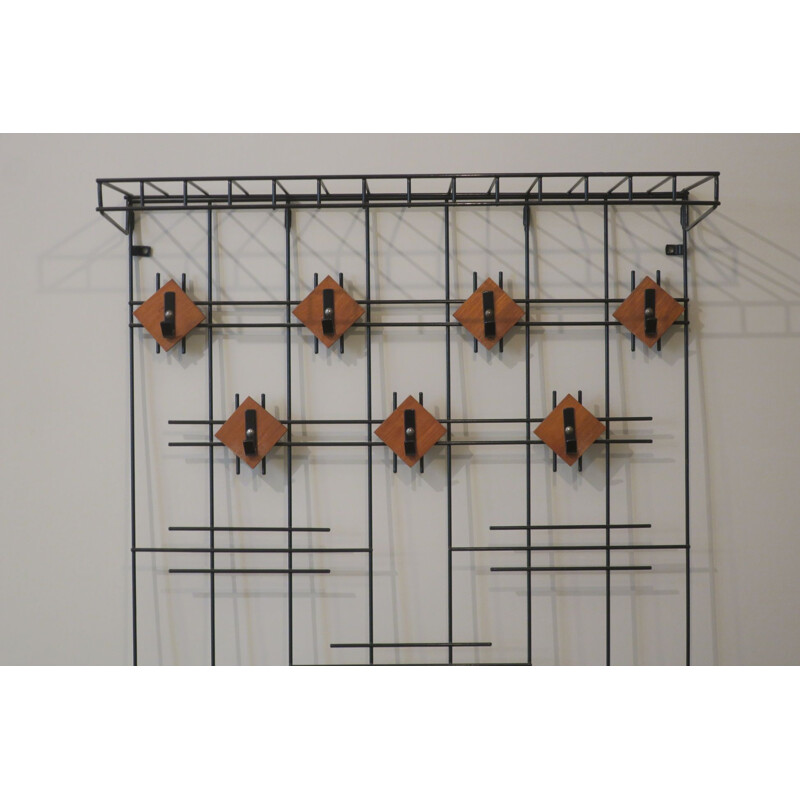 Vintage Fine Black Metal and Teak Coat and Hat Rack, Denmark 1960s