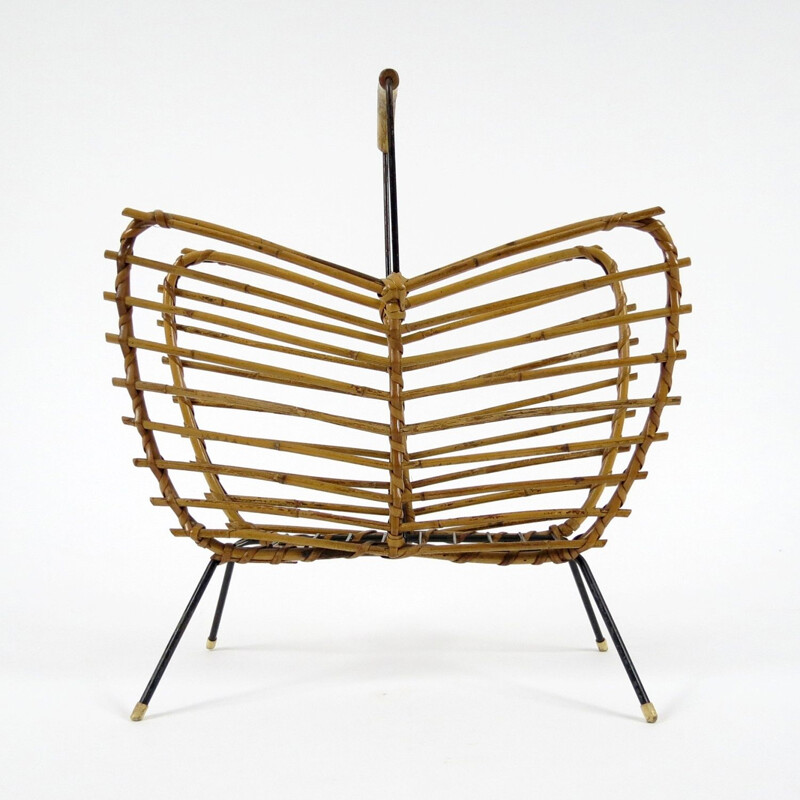 Vintage rattan and iron magazine rack, Dutch 1960s