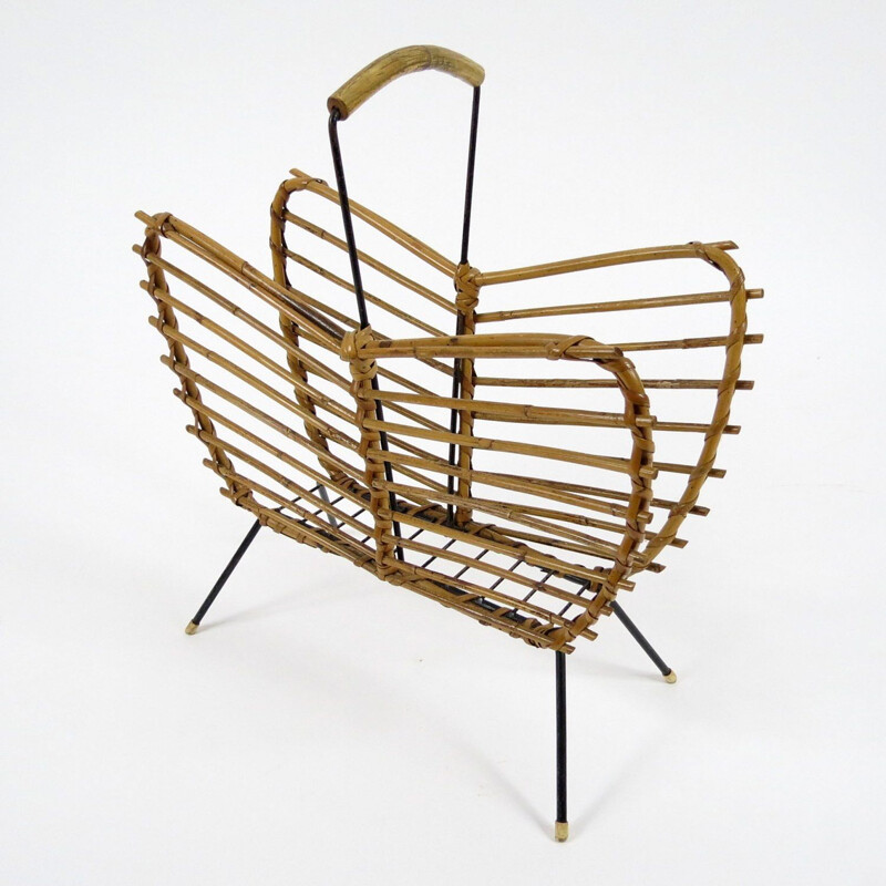 Vintage rattan and iron magazine rack, Dutch 1960s