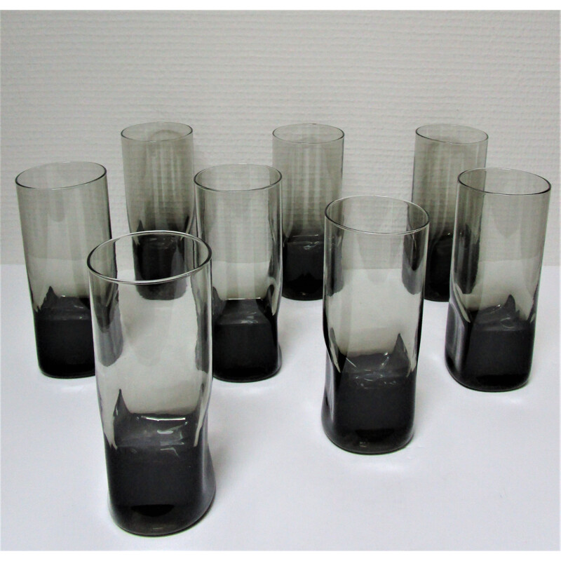 Set of 8 vintage long drink glasses grey smoked glass 1970s