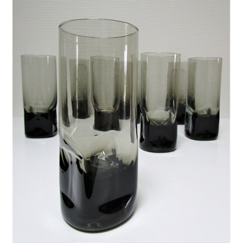 Set of 8 vintage long drink glasses grey smoked glass 1970s