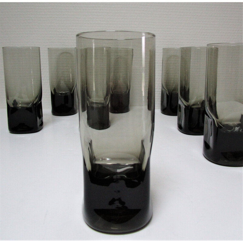 Set of 8 vintage long drink glasses grey smoked glass 1970s