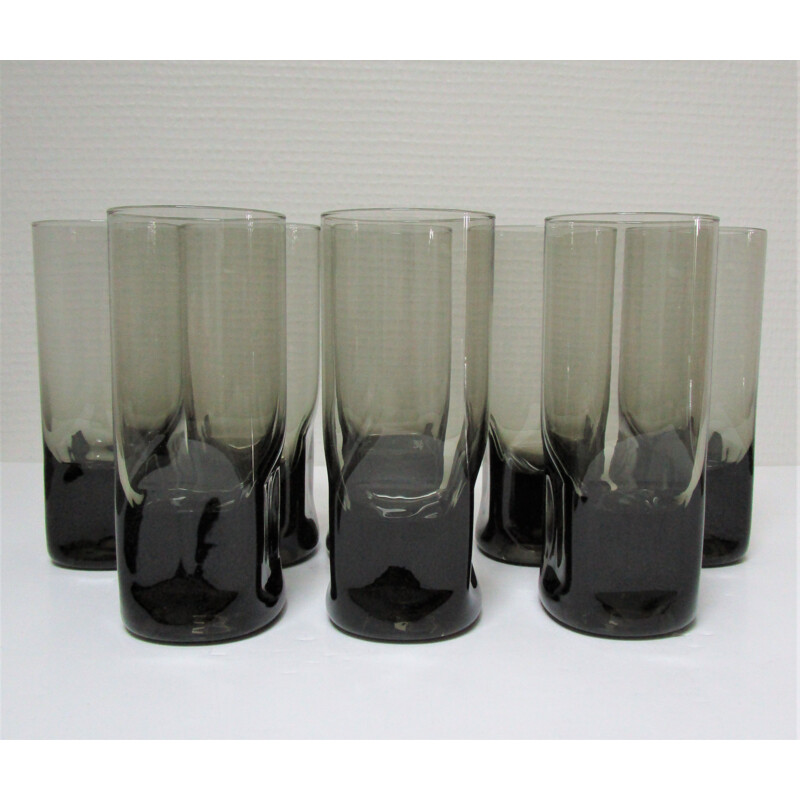 Set of 8 vintage long drink glasses grey smoked glass 1970s