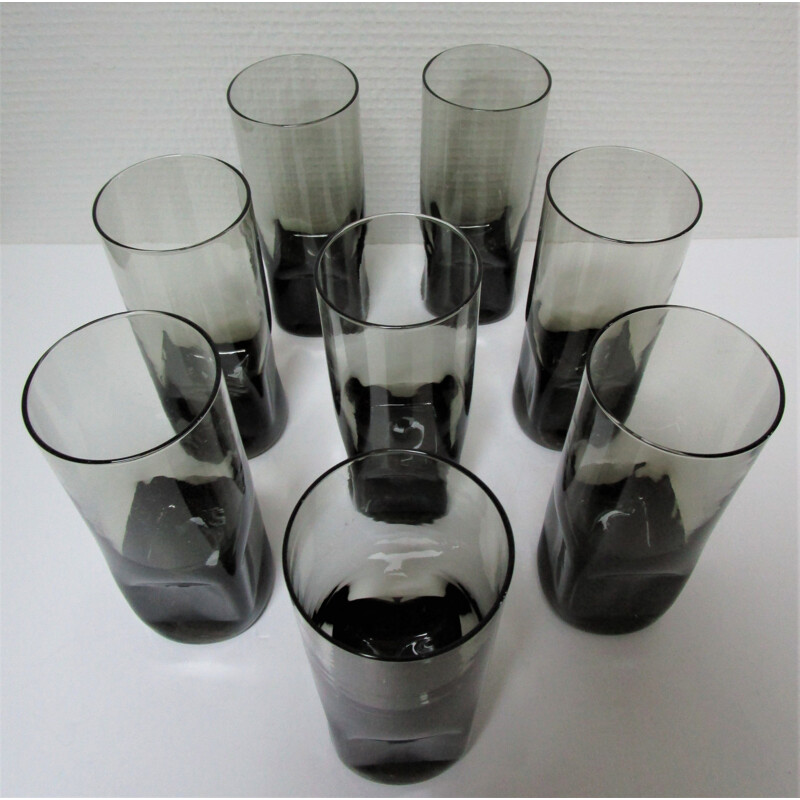 Set of 8 vintage long drink glasses grey smoked glass 1970s