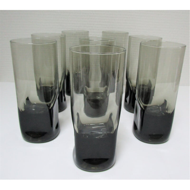 Set of 8 vintage long drink glasses grey smoked glass 1970s