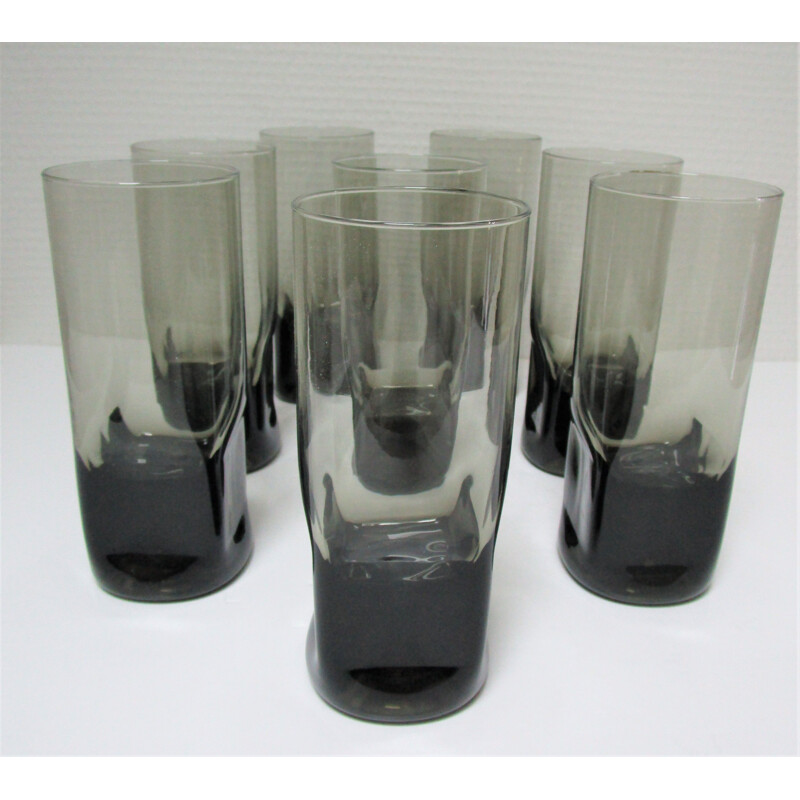 Set of 8 vintage long drink glasses grey smoked glass 1970s