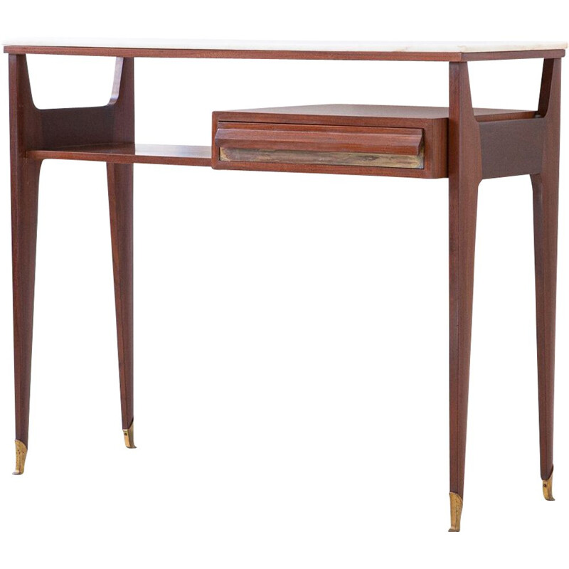 Vintage Mahogany Brass Console with Marble Top, Italy 1950s