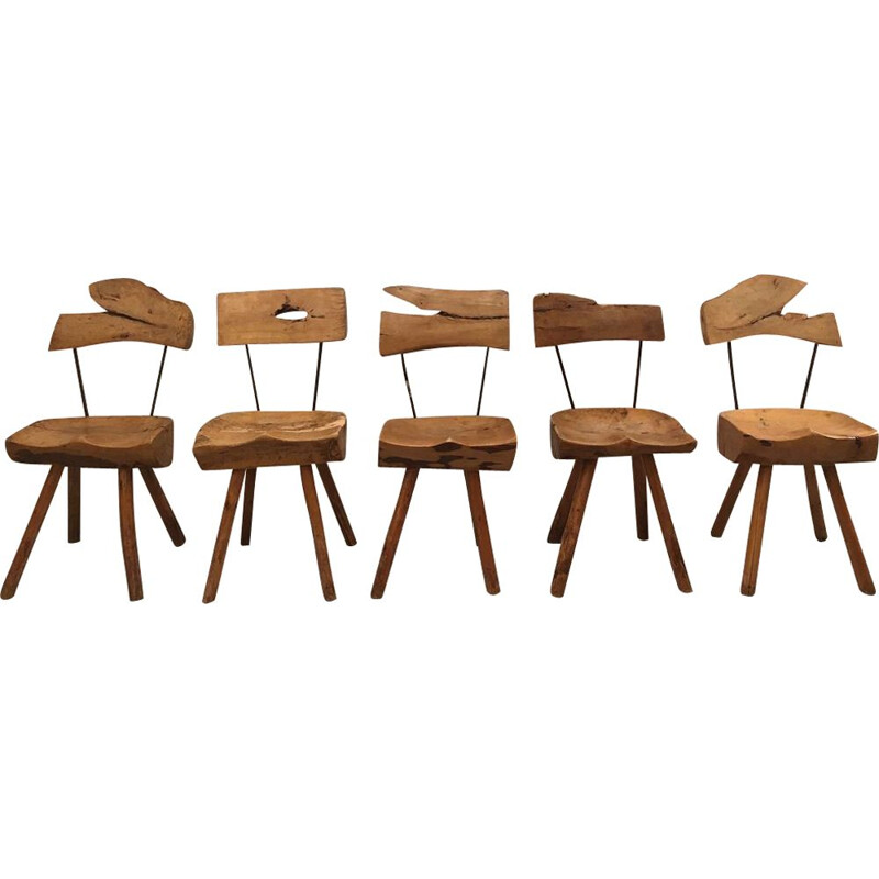 Set of 5 vintage olive wood and steel chairs, 1960